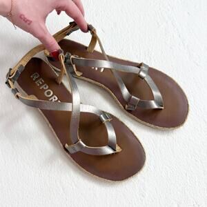 Report Metallic Silver Faux Leather Strappy Sandals, Size 6.5